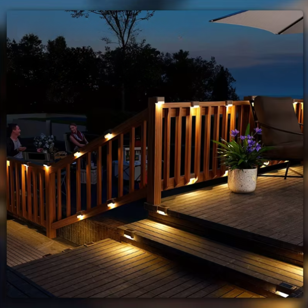 Zewnętrzna lampka solarna LED – montaż na balustradzie przy schodach ogrodowych