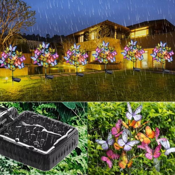 Solarna lampa ogrodowa LED kwiat z motylami nocą