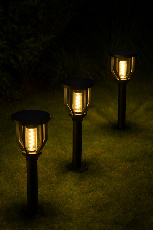 Lampa solarna ogrodowa 79 cm – kilka słupków oświetlających trawnik wieczorem
