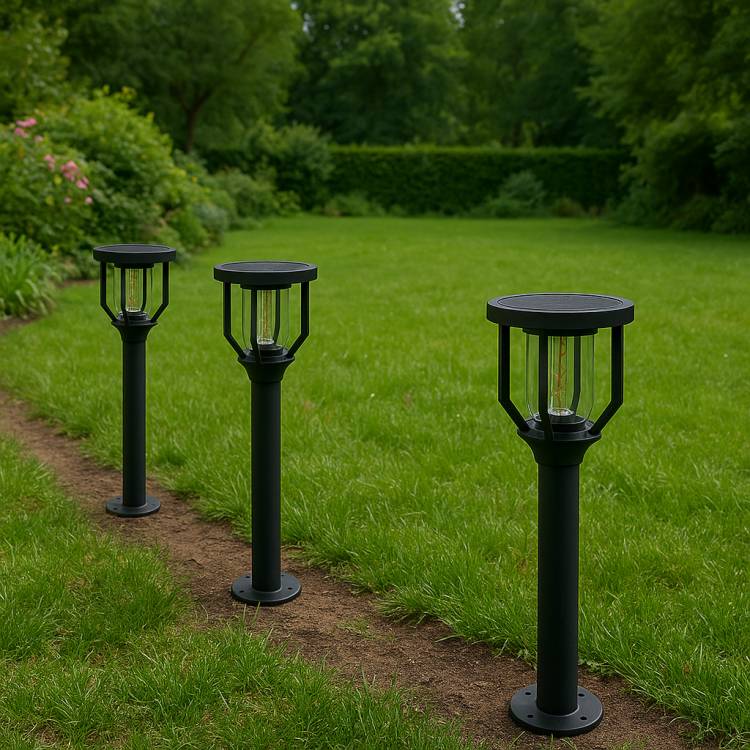 Wysoka lampa solarna 79 cm do ogrodu – widok na rozstawione słupki wśród zieleni
