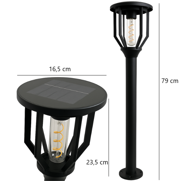 Solarna lampa ogrodowa 79 cm IP65 – rysunek techniczny i widok frontowy