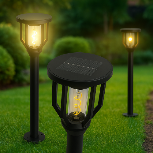 Solarna lampa ogrodowa 79 cm IP65 – widok z góry z włączonym ciepłym światłem