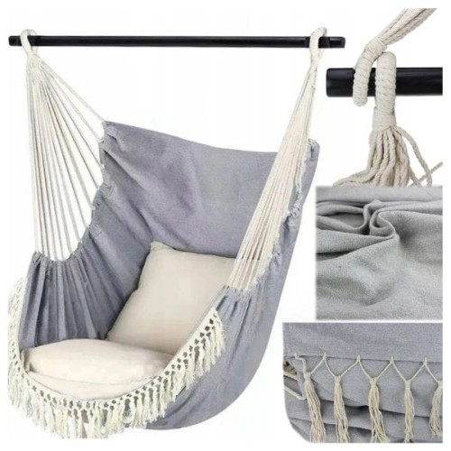 Fotel wiszący typu hamak – stylowy model w kolorze szarym z miękką poduszką, idealny do relaksu w domu lub ogrodzie.