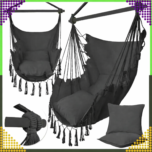 Fotel wiszący – widok przód i tył Nowoczesny fotel wiszący w kolorze czarnym, prezentacja z dwóch perspektyw.