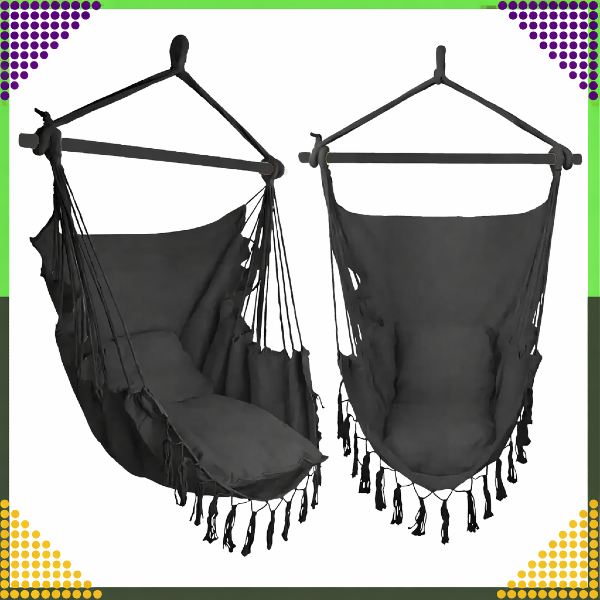 Zestaw produktu Kompletny fotel wiszący z poduszką oraz solidnym systemem mocowania.