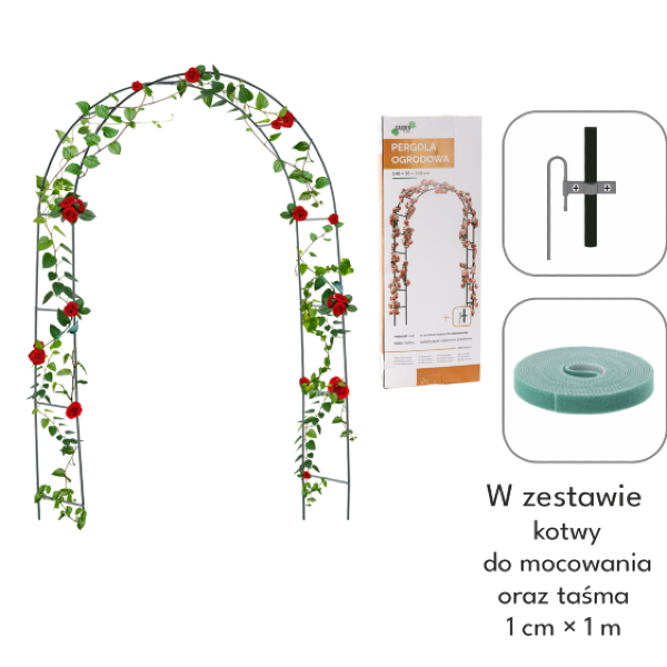 Zestaw z akcesoriami Pergola ogrodowa wraz z kotwami montażowymi i taśmą mocującą.