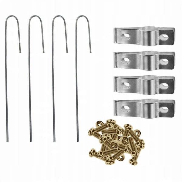 Zestaw montażowy Kotwy, obejmy oraz śruby do stabilnego mocowania pergoli.