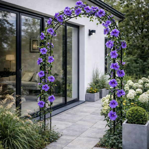 Pergola z dekoracją kwiatową Łuk ogrodowy ozdobiony pnączami – idealny na ogród lub uroczystości.