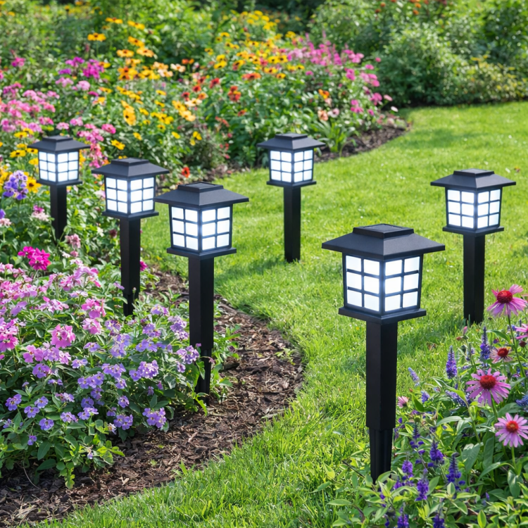 6 solar lamp LED ogrodowych zimnobiałych w rabatach kwiatowych w słonecznym ogrodzie.png