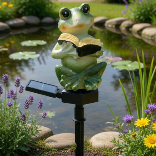 Lampka ogrodowa solarna LED – figurka żabki czytającej książkę, dekoracyjne światło do ogrodu zasilane energią słoneczną..png