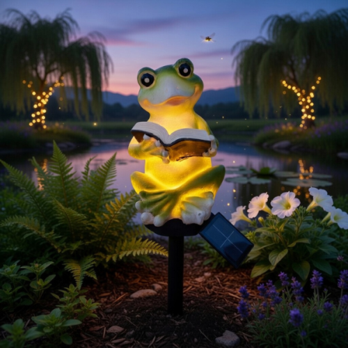 Ozdobna lampka solarna do ogrodu – figurka żaby z książką, dekoracyjne oświetlenie LED idealne do rabat, ścieżek i oczka wodnego..png