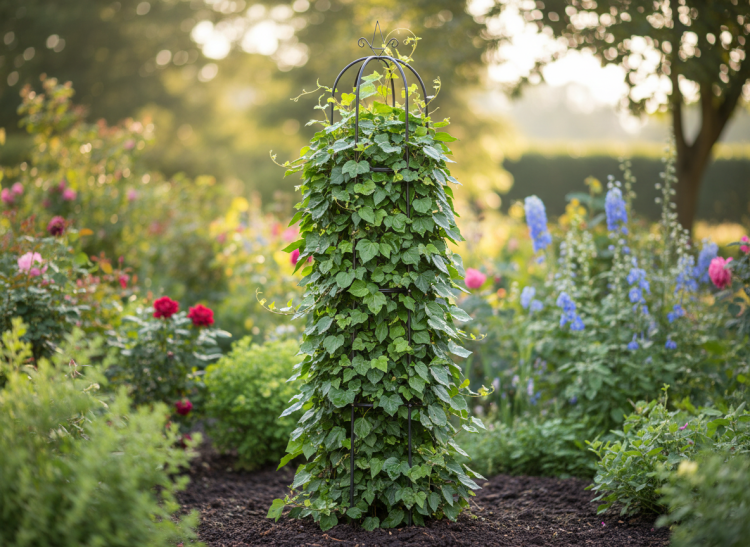 Pergola obelisk do ogrodu z mocowaniem do ziemi – trwała konstrukcja stalowa do podtrzymywania roślin ozdobnych..png