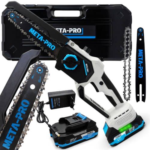 Akumulatorowa piła łańcuchowa z walizką transportową – idealna do cięcia drewna, gałęzi i prac ogrodowych.