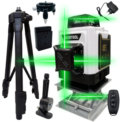 Wieloliniowa poziomica laserowa 360° z 1216 liniami, statyw, uchwyt magnetyczny i podstawka regulowana, precyzyjne narzędzie..png