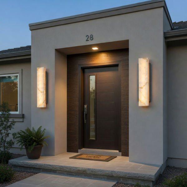 Nowoczesny kinkiet zewnętrzny LED o eleganckiej formie, idealny do montażu na elewacji budynku.png