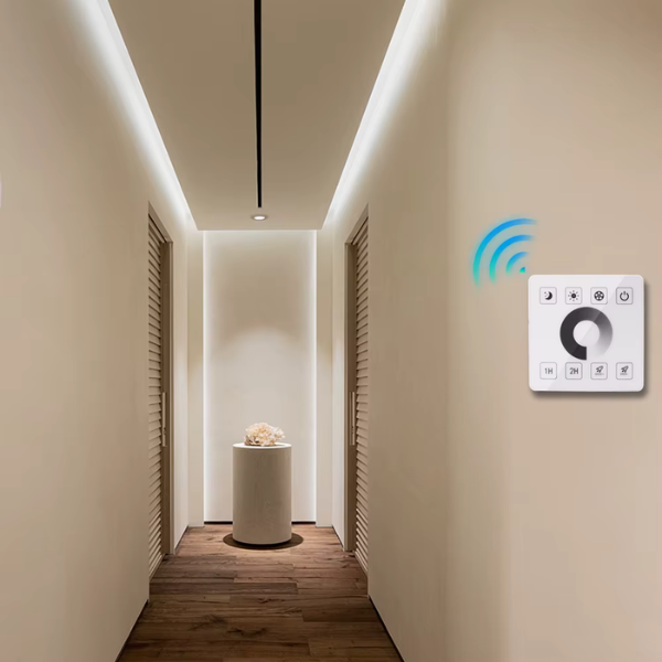 Bezprzewodowy pilot naścienny LED RF 433 MHz oferuje zasięg do 15 metrów i stabilne sterowanie oświetleniem. Minimalistyczny design pasuje do nowoczesnych wnętrz..png