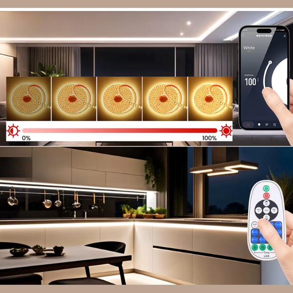 Nowoczesny sterownik LED 230V do taśm COB – kontrola światła przez telefon i pilot, funkcja ściemniania 10–100% oraz efekty świetlne.png