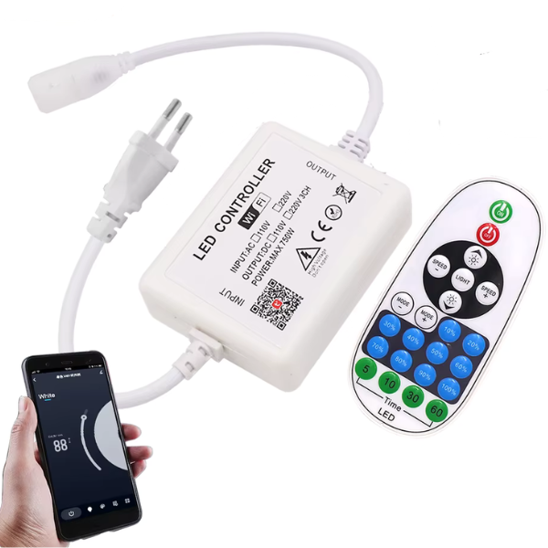 Sterownik LED 230V WiFi z pilotem – ściemniacz do taśm LED COB, sterowanie aplikacją Smart Life Tuya, regulacja jasności i trybów świecenia.png