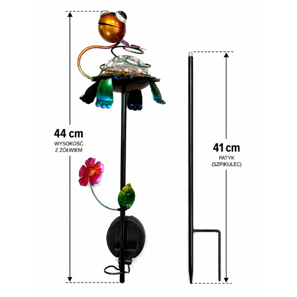wymiary lampy solarnej żółw 44 cm wysokość 41 cm szpikulec.png