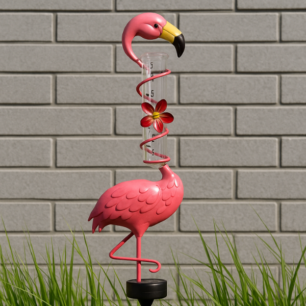 lampa solarna LED flaming z miernikiem deszczu w ogrodzie przy ścianie.png