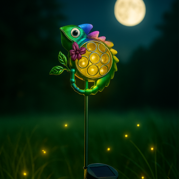 lampa solarna kameleon LED świecąca nocą w ogrodzie przy świetle księżyca.png