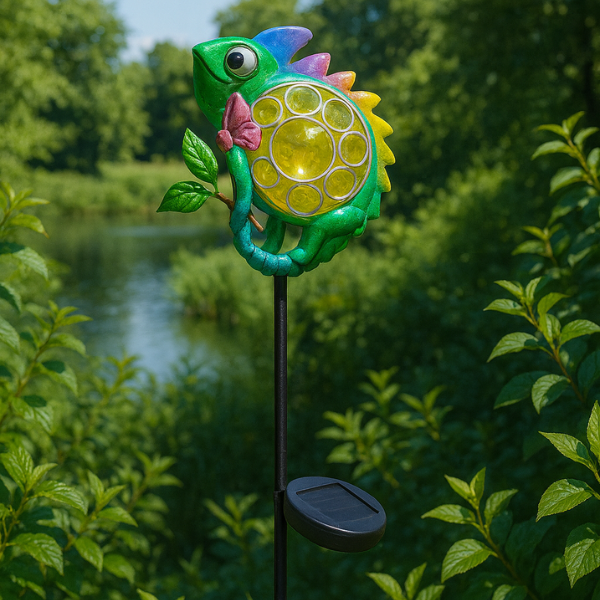 lampa solarna kameleon LED dekoracyjna nad wodą w ogrodzie naturalne otoczenie.png