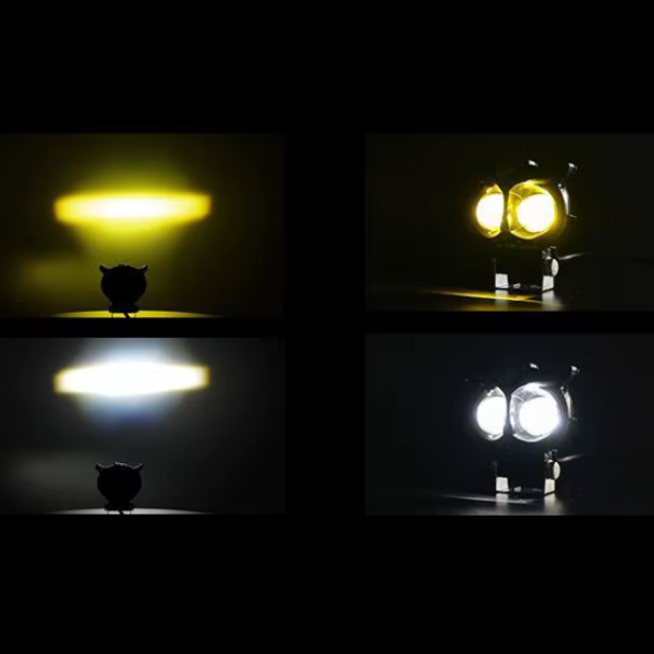 Motocyklowa lampa LED sowa z podwójną soczewką – światło białe i żółte.png