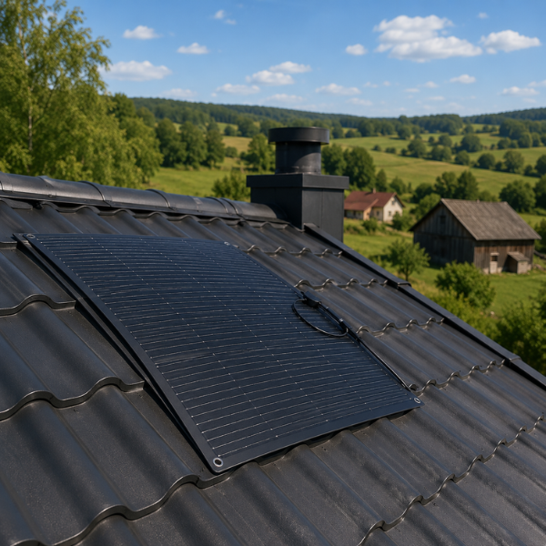 elastyczny panel słoneczny na dachu domu na wsi – instalacja off-grid.png