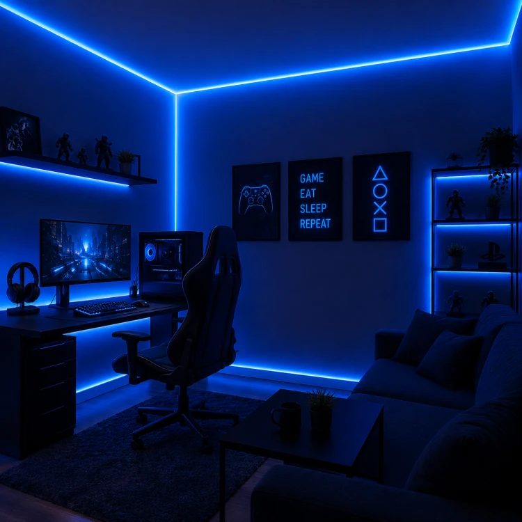 Taśma Neon LED 24V w kolorze niebieskim z równomiernym światłem bez widocznych punktów LED, doskonała do gamingowych aranżacji, reklam i nowoczesnych projektów.