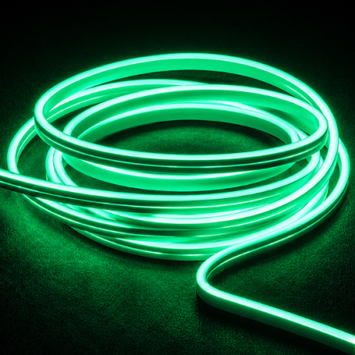 Zielony Neon Flex LED 24V IP67 – elastyczna taśma świetlna o jednolitej linii światła, idealna do dekoracyjnego podświetlenia wnętrz, witryn i nowoczesnych aranżacji.