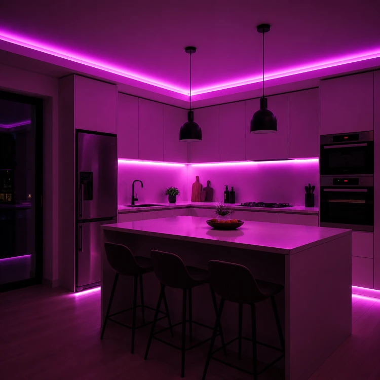 Taśma Neon LED 24V w kolorze różowym z efektem ciągłego światła bez widocznych punktów LED, doskonała do podświetlenia mebli, ścian i stref relaksu
