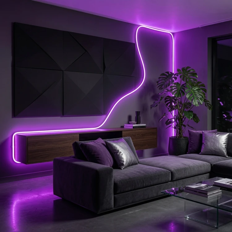 Taśma Neon LED 24V w kolorze fioletowym z efektem ciągłego światła bez widocznych punktów LED, doskonała do nowoczesnych projektów świetlnych i dekoracyjnych