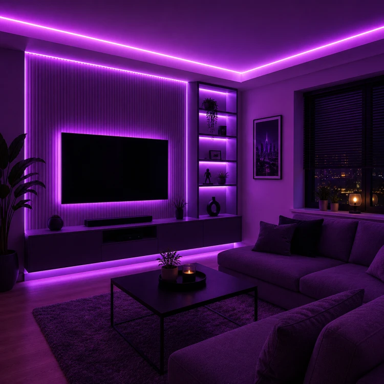 Elastyczny fioletowy Neon Flex LED 24V o wysokiej szczelności IP67, przeznaczony do podświetlenia sufitów, ścian, mebli oraz kreatywnych instalacji LED.