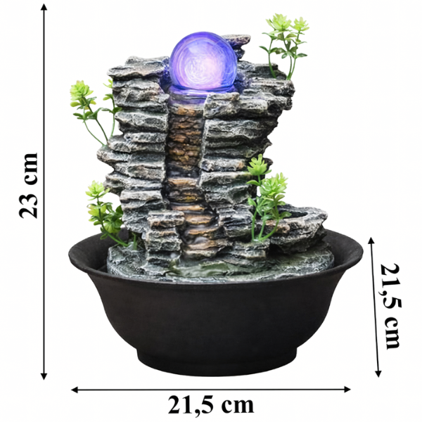 Fontanna stołowa LED 21,5x21,5x23 cm z obracającą się kulą i efektem wodospadu.png
