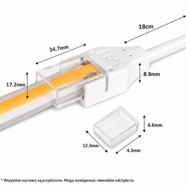 Złączka z przewodem do taśm LED COB 10 mm IP67 to niezawodne akcesorium do montażu oświetlenia LED, odporne na wilgoć i przystosowane do pracy w wymagających warunkach.