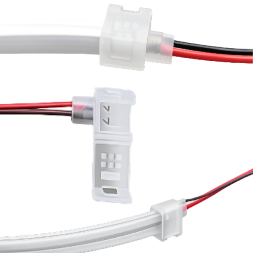 Złączka do Neon LED Flex 6×12 mm z przewodem umożliwia szybkie i pewne połączenie taśmy bez konieczności lutowania. Idealna do instalacji oświetlenia LED