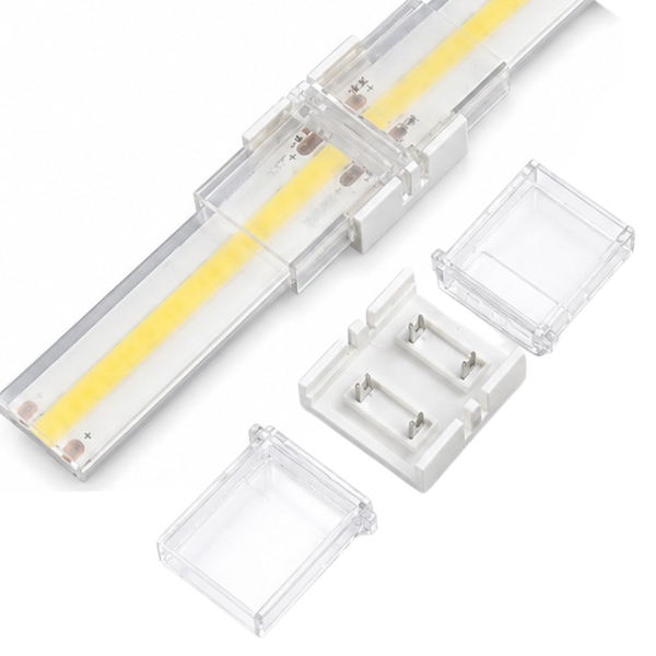 Złączka LED COB 10mm IP67 połączenie taśmy LED przed i po podłączeniu szybki montaż bez lutowania.png