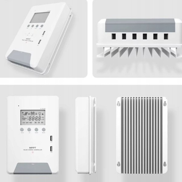 Kontroler solarny MPPT 12V 24V – widok z przodu, boku i tyłu z aluminiowym radiatorem chłodzącym..png