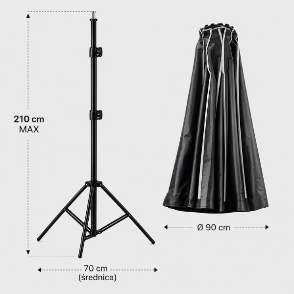 Statyw o wysokości 210 cm oraz składany softbox 90 cm – wymiary zestawu.png