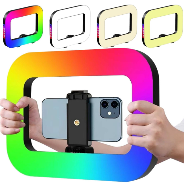 Lampa LED RGBW 20W z uchwytem na telefon i regulacją temperatury barwowej 2700K–8500K. Profesjonalne oświetlenie do nagrywania filmów, transmisji LIVE, fotografii oraz wideokonferencji. Wysokie CRI ≥96 zapewnia naturalne odwzorowanie kolorów.