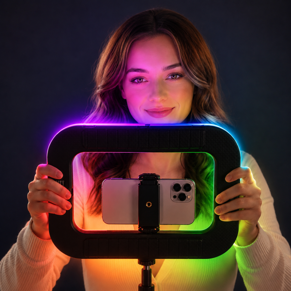 Lampa do smartfona z regulowanym uchwytem o maksymalnym rozstawie 8,5 cm. Idealna do nagrywania filmów na TikTok, YouTube, Instagram Reels oraz prowadzenia transmisji na żywo i wideorozmów.