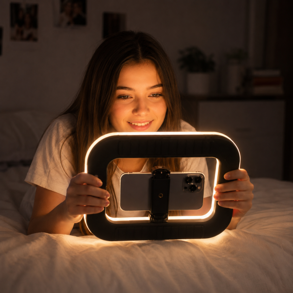 W zestawie znajduje się lampa LED RGBW 20W, regulowany uchwyt na smartfon oraz kabel USB-A do USB Typ C. Produkt jest gotowy do pracy zaraz po podłączeniu zasilania i współpracuje z większością telefonów oraz statywów wyposażonych w gwint 1/4 cala.