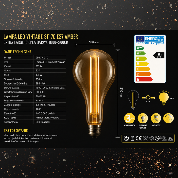 Żarówka dekoracyjna LED Filament XXL Amber do lamp wiszących, kinkietów i opraw w stylu Edison oraz Vintage