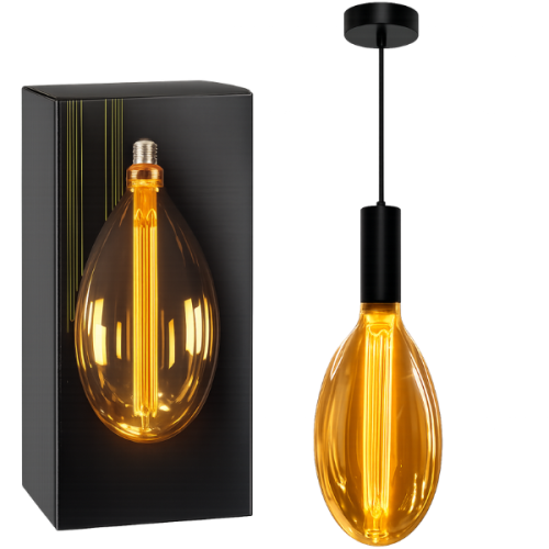 Lampa wisząca loft E27 z bursztynową żarówką LED filament oraz oryginalnym opakowaniem.png