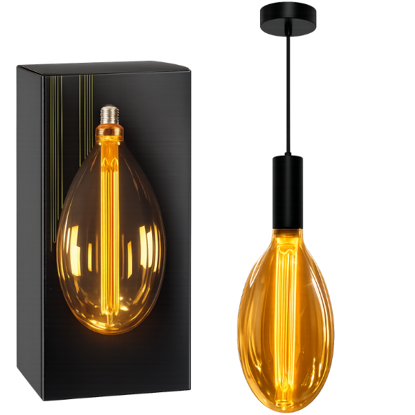 Lampa wisząca loft E27 z bursztynową żarówką LED filament oraz oryginalnym opakowaniem.png