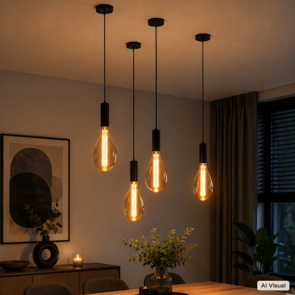 Czarna lampa wisząca z żarówką LED Filament Amber E27 1800–2000K – designerskie oświetlenie do salonu, jadalni i kuchni.