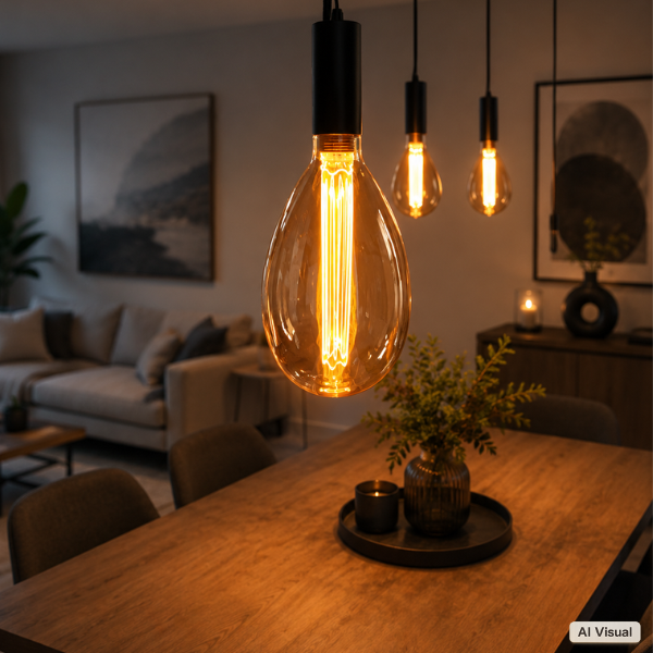 Lampa sufitowa Loft z ozdobną żarówką LED Edison Amber – ciepłe światło 1800–2000K tworzące przytulny klimat wnętrza.