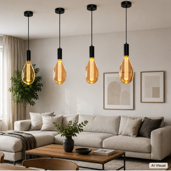 Minimalistyczna lampa wisząca E27 z dekoracyjną żarówką filamentową XXL – idealna do wnętrz loft, industrial i retro.