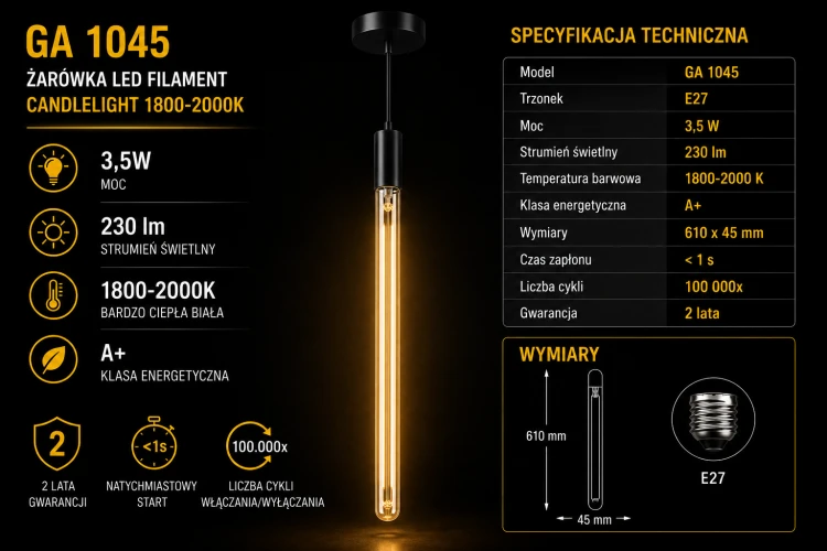 Nowoczesna lampa wisząca LED nad stół w jadalni – żarówka Filament Amber 2000K 61 cm