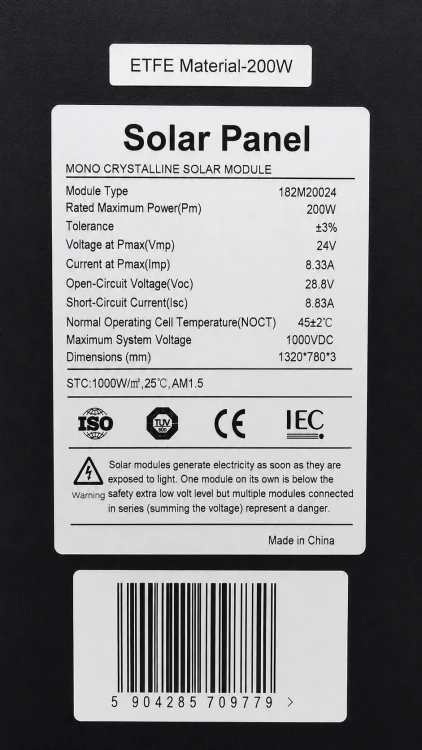 Panel solarny 200W ETFE – tylna część panelu z tabliczką znamionową.png